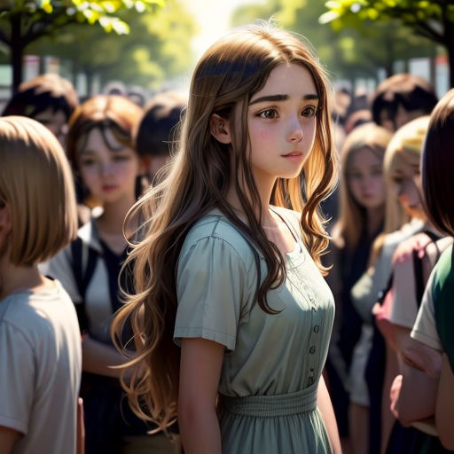a girl standing in front of a crowd of people with long hair and a green dress on her shoulders