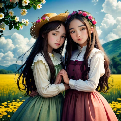 two girls in dresses and hats standing next to each other in a field of flowers with a mountain in the background