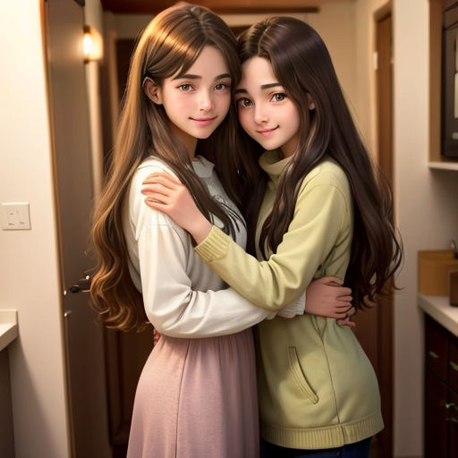two girls hugging each other in a kitchen with a microwave in the background and a microwave in the background