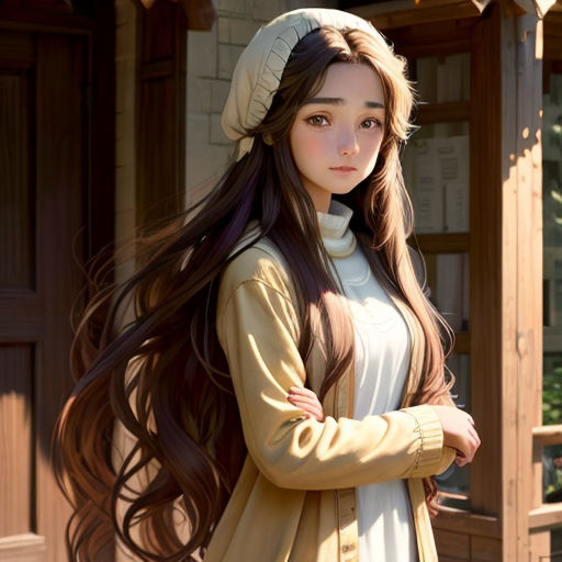 a woman with long hair standing in front of a building with a hat on her head and a long brown coat over her shoulders