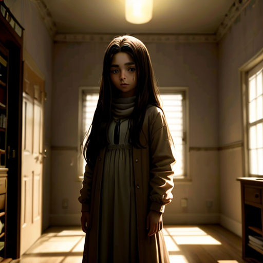 a woman standing in a room with a coat on and a coat on her head and a coat on her shoulders