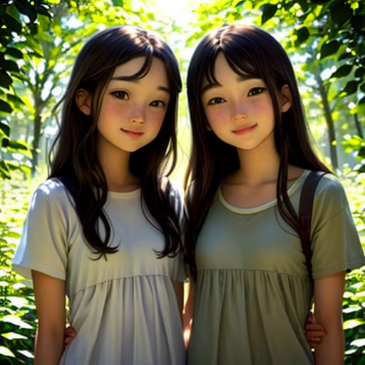 two young girls standing next to each other in a forest with green leaves on the trees and grass behind them