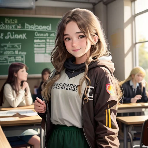 a girl standing in front of a classroom full of students in uniform and looking at the camera with a smile on her face