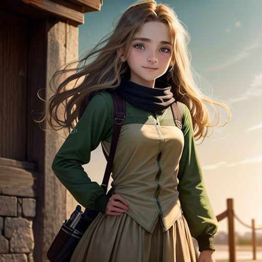 a young girl in a dress and scarf standing in front of a building with a hand on her hip