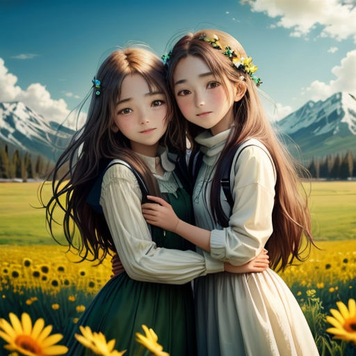 two girls are hugging in a field of sunflowers with mountains in the background and a blue sky