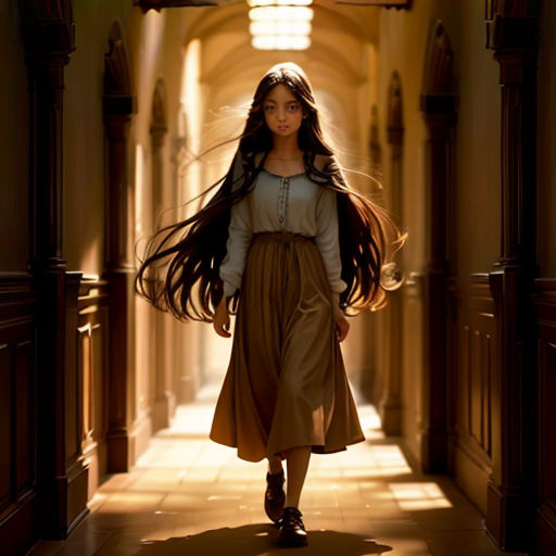 a woman walking down a hallway with long hair in her hair and a dress on her shoulders and a white shirt on