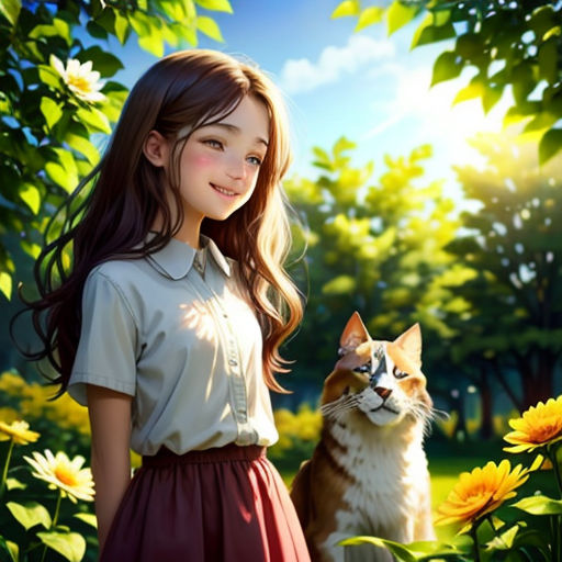 a girl standing next to a cat in a field of flowers with a cat looking at her from behind