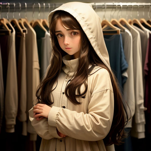 a young girl is standing in front of a rack of clothes and looking at the camera with a hood on