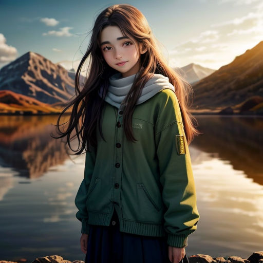a girl standing on a rocky shore next to a lake with mountains in the background and a sky with clouds