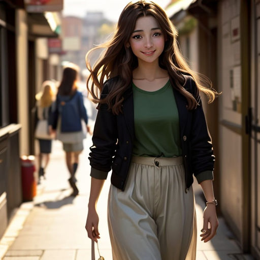 a woman walking down a street holding a handbag and a purse in her hand, with a woman walking down the street behind her
