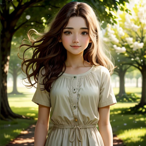 a girl in a dress standing in a park with trees in the background and grass in the foreground