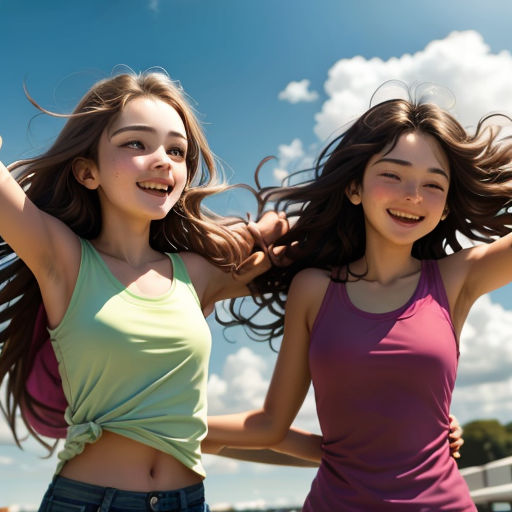 two girls are standing together and smiling at the camera, with their hair in the wind and their arms in the air