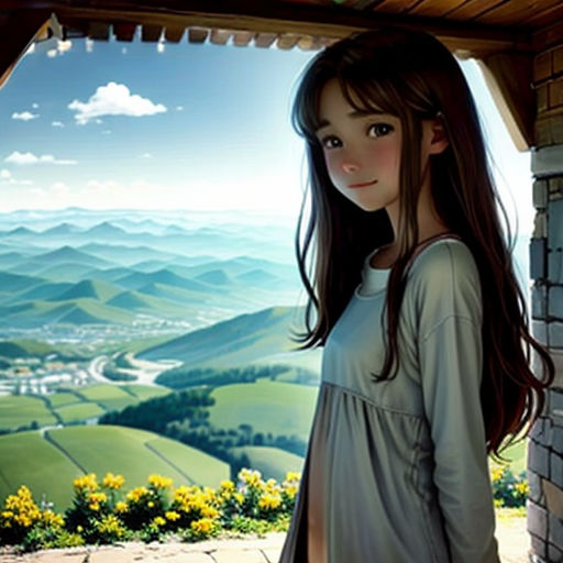 a girl standing on a porch with a view of a valley and mountains in the background, with a painting of a woman in the background