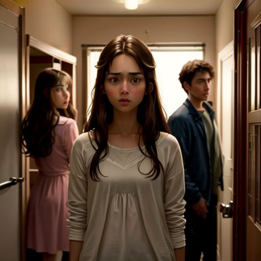 a young girl standing in a hallway with a man standing behind her and a woman standing behind her looking at the camera