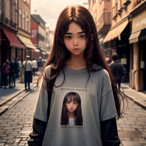 a girl with long hair standing on a street in a city with people walking by and a building with a sign on it