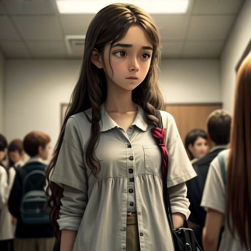 a girl in a school uniform standing in a hallway with other students in the background and a backpack on her shoulder