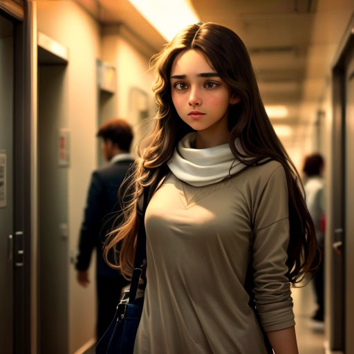 a woman standing in a hallway with a backpack on her shoulder and a man in the background walking behind her