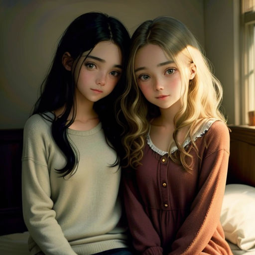 two girls sitting on a bed next to each other in a room with a window and a bed with a white blanket