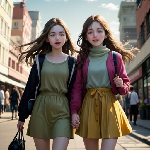 two girls walking down a street holding hands and looking at the camera with a smile on their face and a handbag in their other hand