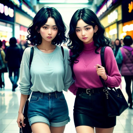 two young women walking down a mall aisle together, one of them is wearing a pink shirt and the other is a black skirt