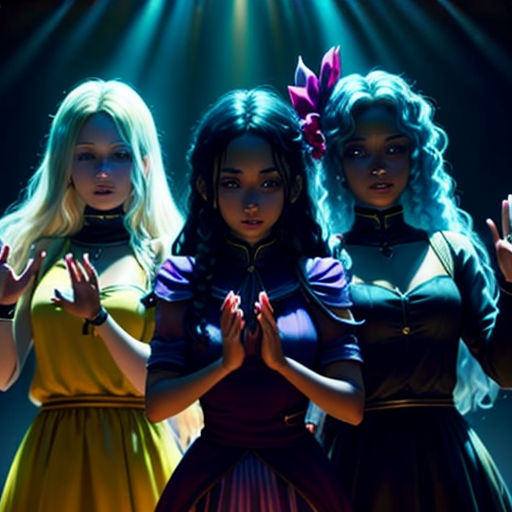 three women in dresses standing in front of a spotlight light with their hands up in the air and their hands folded