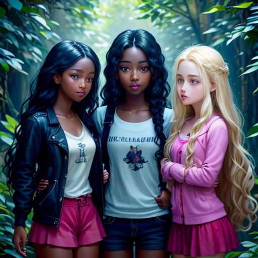 three girls standing next to each other in a forest with trees and bushes behind them, one of them is wearing a pink shirt