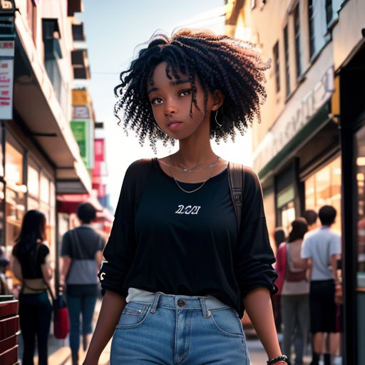 a woman with a black shirt and jeans on a street corner with people walking by and a red bench