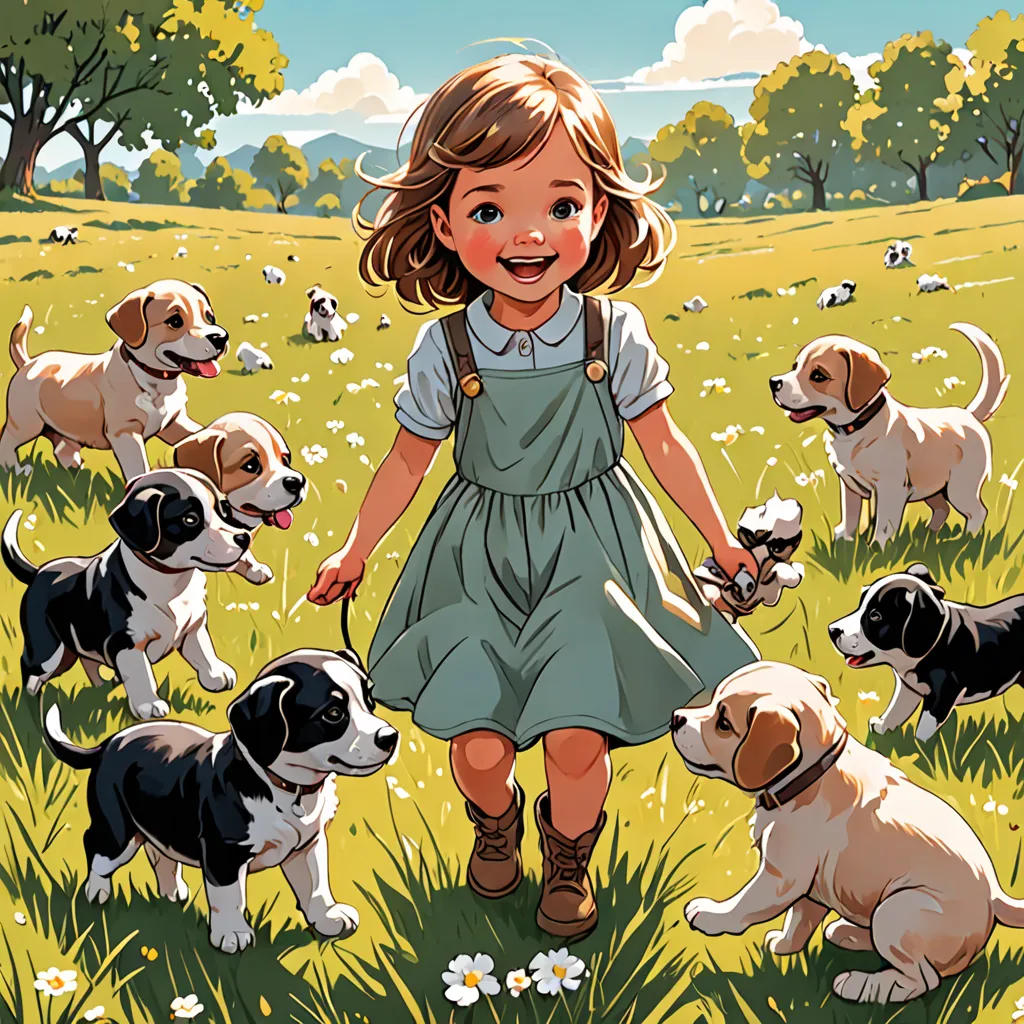 The Little Girl and Her Puppies