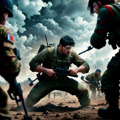 a man in uniform is holding a gun while another man in uniform is holding a gun in the air