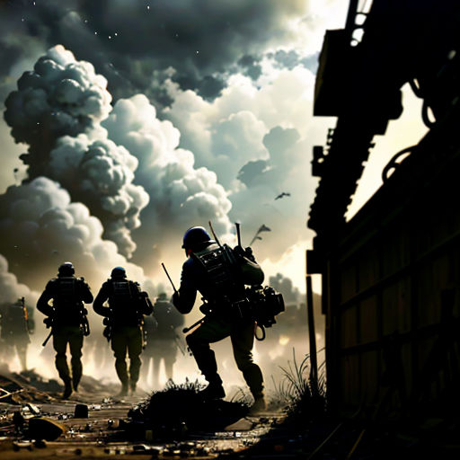 a group of soldiers walking through a smoke filled area with smoke billowing out of the sky behind them