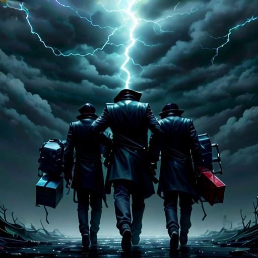 three men walking in the rain with a lightning in the background and a sky full of clouds and lightning