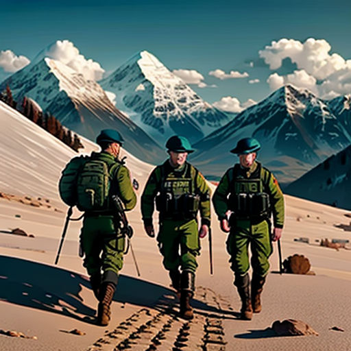 three soldiers walking in the snow with mountains in the background and footprints in the sand in the foreground
