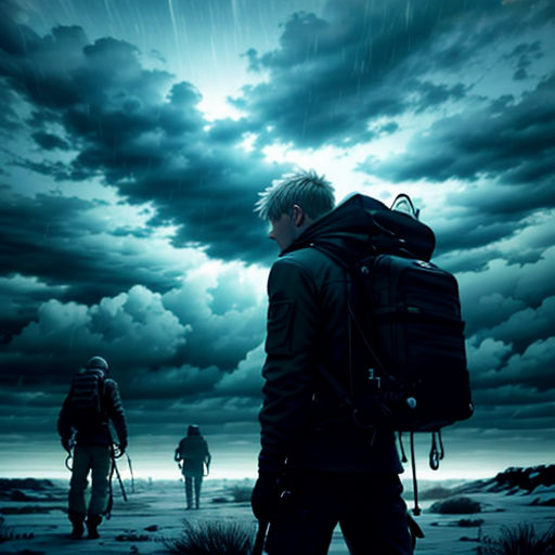 a group of people walking across a field under a cloudy sky with a star in the sky above them
