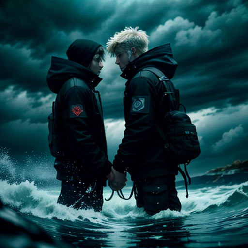 two people standing in the water with a dark sky behind them and a full moon in the sky above them