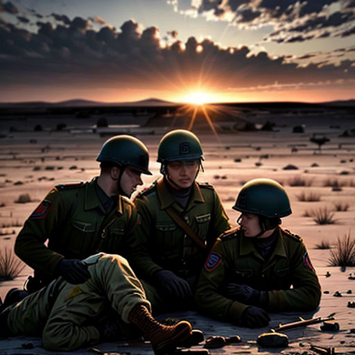 three soldiers sitting on the ground in the desert at sunset with the sun setting behind them and the clouds