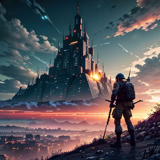 a man standing on top of a hill next to a castle at night with a gun in his hand