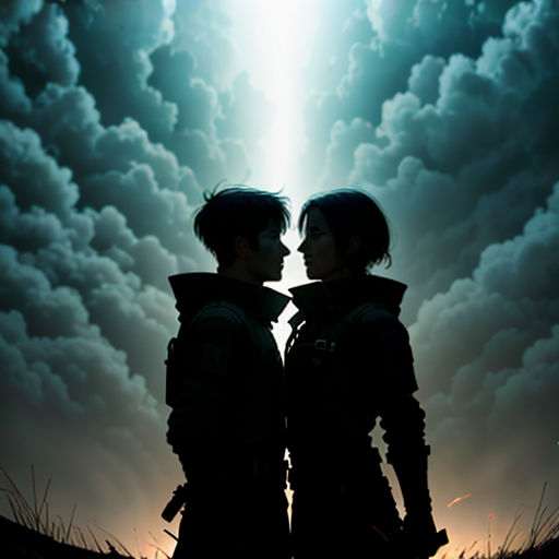 two people standing in front of a sky with clouds and a light shining through them, with the sky in the background