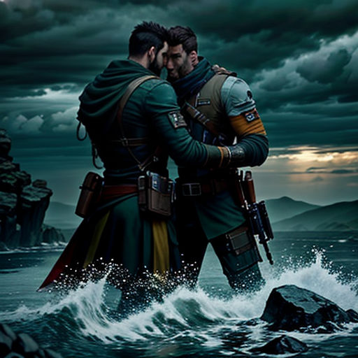 two men in military uniforms standing in the water with guns in their hands, with a dark sky behind them