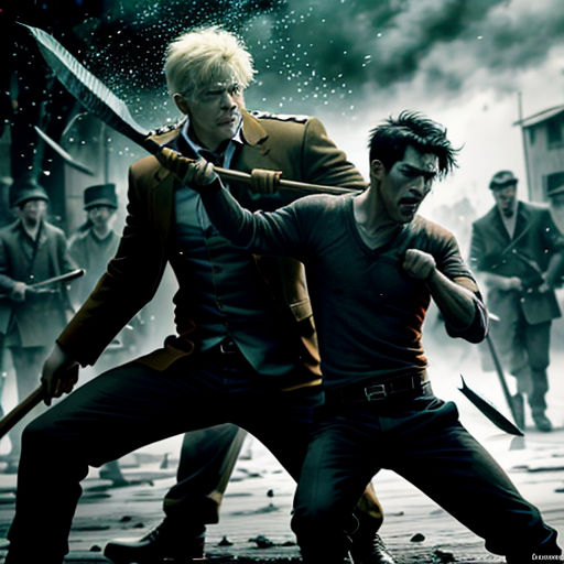 a movie poster with two men fighting with swords and other men in the background with smoke and smokestacks