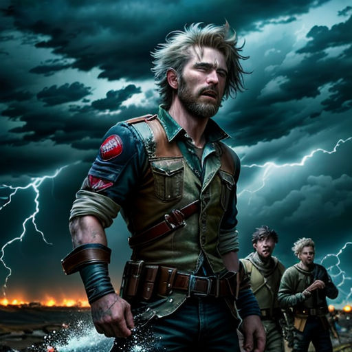 a man standing in front of a lightning storm with two other men behind him and a city in the background