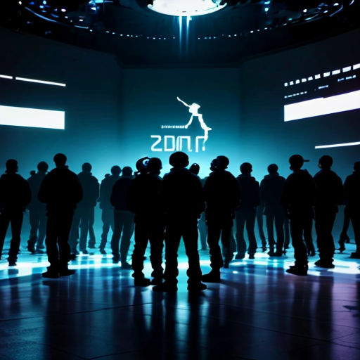 a group of people standing in a room with a neon light on the wall behind them and a logo on the wall