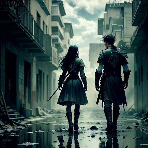 a couple of people that are walking down a street together in the rain with swords in their hands and buildings in the background