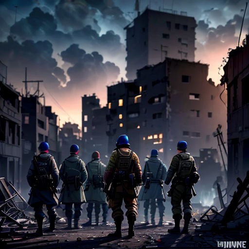 a group of soldiers walking through a city at night with a sky background and buildings in the background, with a few buildings in the foreground