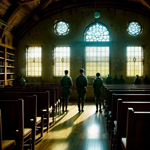 two men in uniforms walking down a church aisle with pews and stained glass windows behind them, with sunlight streaming through the windows