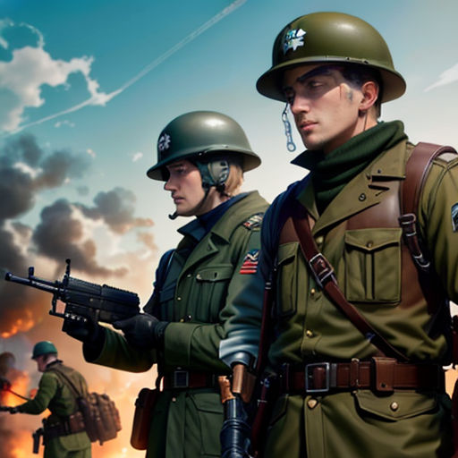 a group of soldiers standing next to each other in front of a sky with clouds and smoke behind them