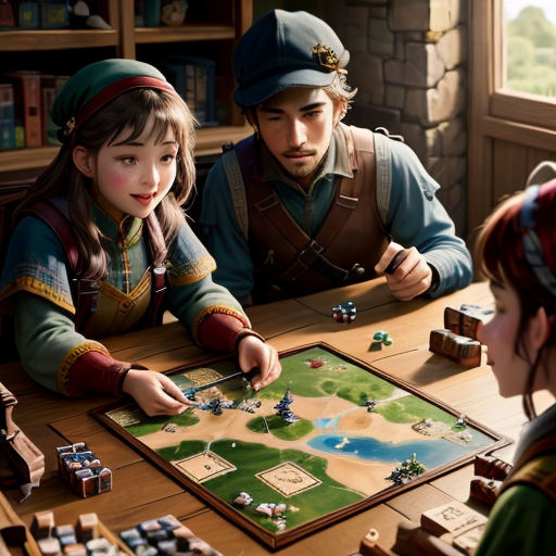 a couple of people playing a game of settlers on a table with a map on it and a man in a hat