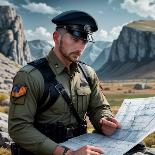 a man in uniform looking at a map in the mountains with a mountain range in the background and a mountain range in the foreground