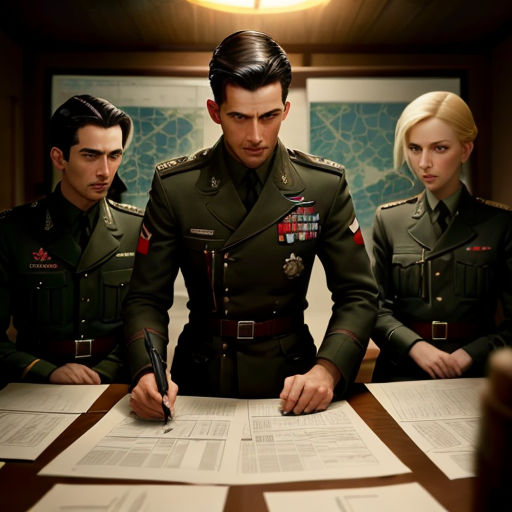 a man in uniform standing at a table with two women and a man in uniform behind him writing on a piece of paper