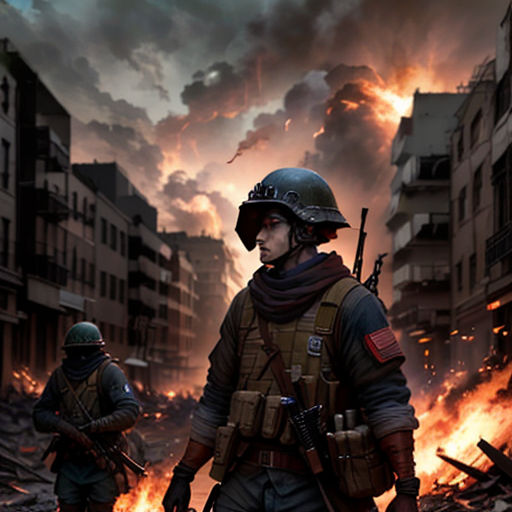 a couple of soldiers standing in front of a fire filled city street with buildings in the background and a sky filled with smoke