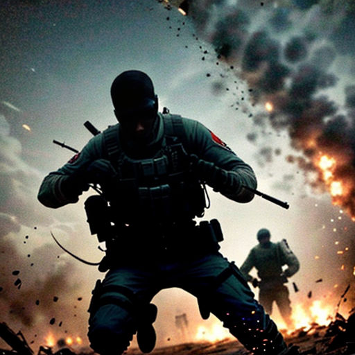 a soldier running through a field with a gun in his hand and another soldier in the background with a gun in his hand